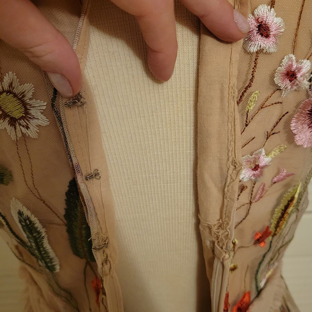 Floral Embroidered Mesh Midi Dress Handmade Beige Sheer Tassel Sleeve XS-S - Picture 7 of 8